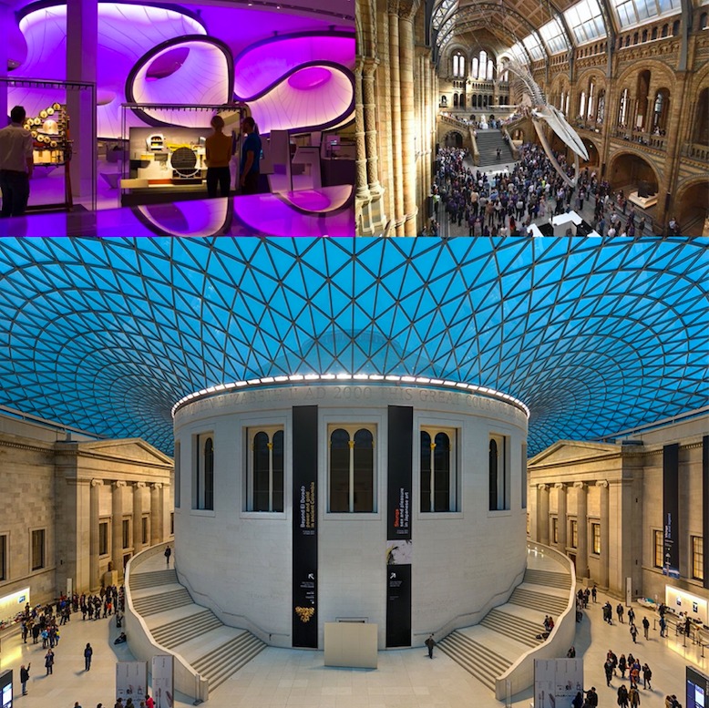 A montage picture featuring three UK museums - Science, Natural history and British Museum