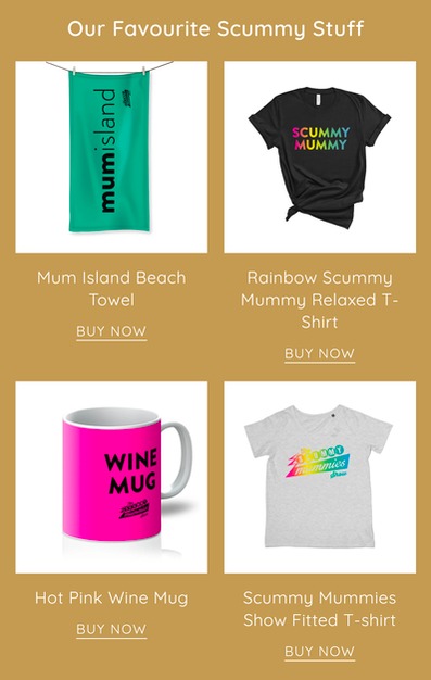 Scummy Mummies' towel, t-shirts and mug