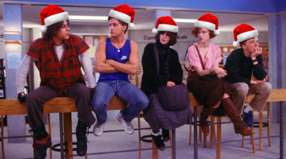Stars of the Breakfast Club movie - Judd Nelson, Emilio Estevez, Ally Sheedy, Molly Ringwald and Anthony Michael Hall - with photoshopped Christmas hats on