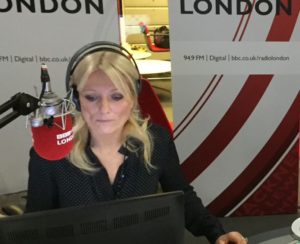 Gaby Roslin on the microphone at BBC Radio London