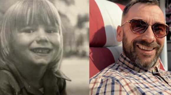 A young photograph of Charlie Condou beside a present photo of him