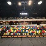 Multicoloured folding seats inside the Copper Box Arena looking like LEGO
