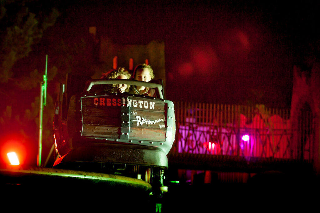 on a ride at Chessington at Halloween